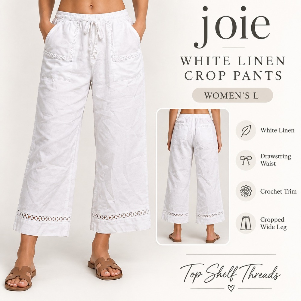 Joie 100% Linen Cropped Pants Women L White Wide Leg Crochet Drawstring Coastal
